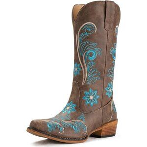 Iuv Cowboy Boots Women Brown Faux Leather  Mid Calf Western Pull-On Pointy Boots